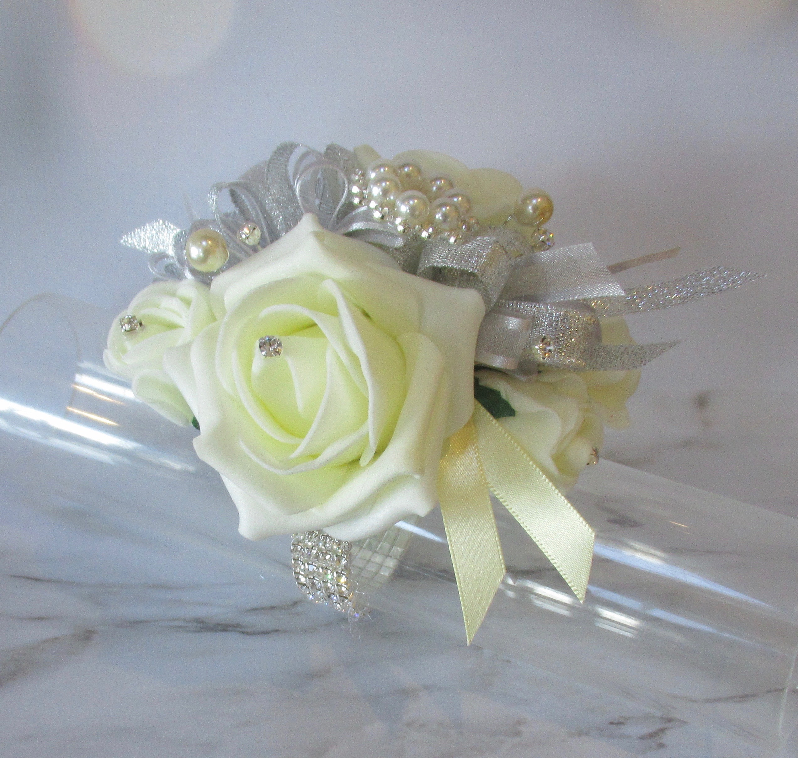 Ice lemon wrist corsage, prom corsage in pale lemon, wrist corsage silver